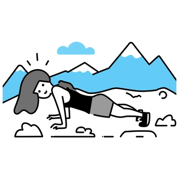 A woman with long, flowing hair is performing push-ups on a rocky surface at the top of a mountain. She is wearing a fitted black tank top and gray athletic shorts. In the background, there is a panoramic view of distant mountains and a clear blue sky. The sunlight casts soft shadows around her, emphasizing her athletic posture.