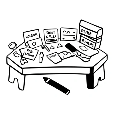 A table covered with a variety of flashcards scattered across its surface. The flashcards have different shapes and sizes, each displaying terms or concepts in bold lettering, surrounded by decorative borders. A few stationery items, such as a pencil and a ruler, are placed nearby. The scene is focused on the organization of the flashcards, emphasizing their educational purpose. A stack of additional flashcards stands in one corner, indicating ongoing study preparation.