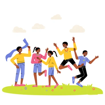 A group of five children, wearing colorful traditional clothing, are joyfully performing a rain dance in a grassy field. They have bright smiles on their faces, and their arms are raised high in celebration. One child is twirling with a vibrant blue scarf, while another is jumping with a pair of shiny red beads around their neck. In the background, fluffy white clouds fill the sky, hinting at the hope for rain. Small flowers dot the green grass around them, adding bursts of color to the scene.