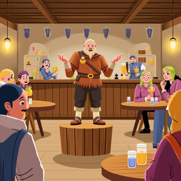 A small, stout dwarf with a braided beard, wearing a brown tunic and leather armor, is standing on a wooden stool in the center of a lively tavern. He is animatedly gesturing with his hands as he recounts tales of his adventures. Around him, seated at round wooden tables, are various patrons of different fantasy races, including elves and humans, all laughing and enjoying their drinks. The walls of the tavern are adorned with shields and weapons, and a warm glow from lanterns illuminates the scene. A large wooden bar is in the background, where a bartender is pouring drinks for a group of enthusiastic listeners. The atmosphere is lively and filled with chatter and merriment.