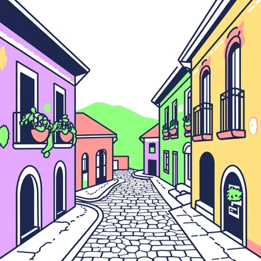 A picturesque street in Tbilisi's Old Town, showcasing a variety of colorful buildings with decorative balconies. The buildings are three to four stories high, featuring intricate architectural details such as arched windows and ornate facades. The cobblestone path is winding, leading through the vibrant street scene. Potted plants and flowers adorn the balcony railings. In the background, a glimpse of a distant hill can be seen, adding depth to the scene. Warm light filters down the street, creating inviting shadows and highlights across the cobblestones.