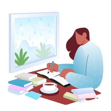 A poet is sitting by a window, surrounded by an array of colorful journals scattered on a wooden table. The poet is dressed in a cozy knit sweater, with a pen in hand, focused on writing. Outside the window, rain is gently falling, creating a soft blur of water droplets on the glass. The scene is adorned with green plants on the windowsill, and sunlight filters through the clouds, casting a pastel glow in the room. A steaming cup of tea rests beside the poet, adding warmth to the tranquil atmosphere.