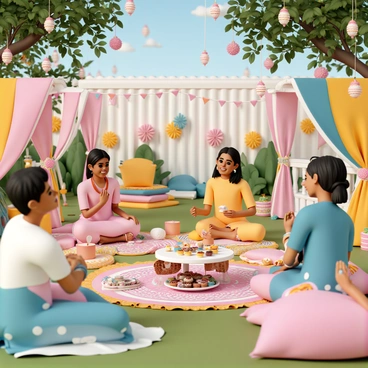 A joyful scene of an Indian baby shower taking place in a vibrant garden. The garden is adorned with colorful decorations including bright fabric drapes, intricate floral arrangements, and traditional Indian motifs. Guests are seated on elegantly arranged cushions and festive blankets on the grass. A table is set with a variety of delicious Indian sweets and snacks, displaying an array of colors and textures. In the background, there are decorative lanterns hanging from tree branches, adding to the festive atmosphere. Everyone is smiling and engaging in lively conversations, creating a warm and welcoming ambiance.