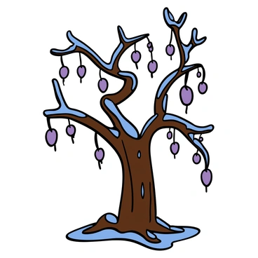 A poison tree with dark, twisted branches is encased in thick layers of ice, giving it a crystalline appearance. The trunk is gnarled and brown, with rough bark that contrasts sharply against the smooth ice. Numerous toxic berries, deep purple in color, hang from the branches, frozen in mid-drip, with icicles forming at the tips. The ground around the tree is covered in a thin layer of frost, glimmering in the light, creating a stark and eerie atmosphere.