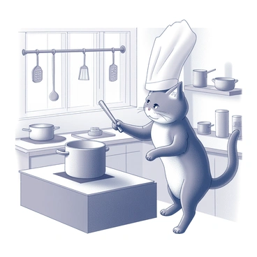 A cat wearing a chef's hat stands on its hind legs. The cat is stirring a pot positioned on a stove with a wooden spoon held in its paw. The kitchen features various utensils hanging on the walls and a counter cluttered with ingredients. There is a window letting in light, and pots and pans are arranged neatly on shelves. The cat's expression is focused as it prepares a meal.