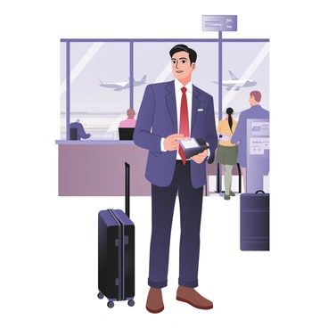 A man standing in an airport terminal, preparing for a business trip. He has light skin and short dark hair. He is wearing a navy blue suit, a white dress shirt, and a red tie. In his left hand, he holds a sleek black suitcase with wheels, and in his right hand, he is holding a tablet displaying a travel itinerary. The background features large glass windows showing an airplane on the runway, and there are other travelers and check-in counters visible around him. A briefcase is placed beside him on the floor.