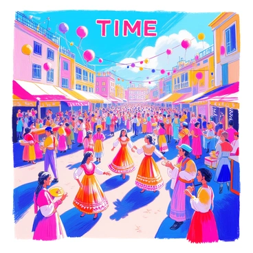 A vibrant festival scene captures a multicultural celebration filled with people in traditional attire. The foreground features a group of dancers in colorful costumes, showcasing intricate patterns and bright fabrics. Balloons and banners of various shapes and colors float above the crowd, while musicians play lively instruments nearby. In the background, a large crowd of festival-goers enjoys the festivities, with some tasting traditional foods from stalls adorned with vibrant decorations. The sky is clear and bright, adding to the festive atmosphere. At the top, the text reads "TIME" in bold letters.