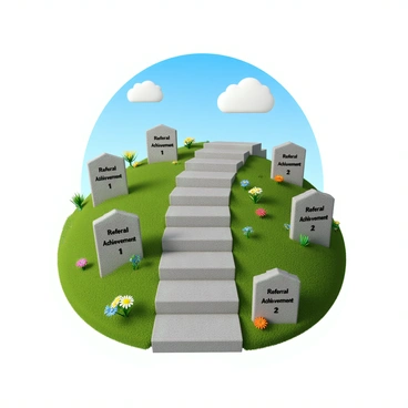 A 3D render of a step-by-step path winding through a lush green landscape. Each step of the path is made of smooth stone, leading to various milestones set along the way. These milestones are designed as upright stones with engraved labels, each marked with phrases like "Referral Achievement 1", "Referral Achievement 2", and so forth. The scene includes colorful flowers blooming around the path, and a bright blue sky overhead with a few fluffy white clouds. The overall setting is inviting and encourages exploration along the path.