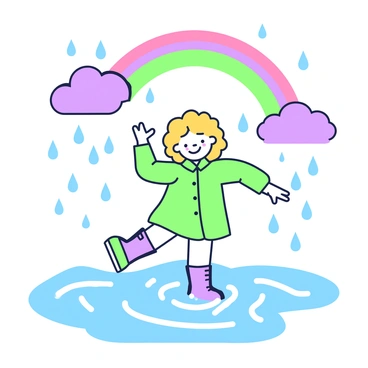A cartoon girl is jumping in large puddles on a rainy day. She has bright, curly hair and is wearing a colorful raincoat with matching rubber boots. Raindrops are falling around her, creating ripples in the puddles. Above her, a vibrant rainbow arches across the sky. The girl has a joyful expression as she splashes water around. In the background, there are dark clouds, emphasizing the contrast between the rain and the colorful scene.