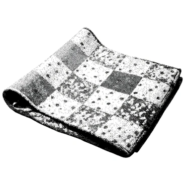 A hand-stitched baby quilt is displayed flat, showcasing its intricate patterns. The quilt features a variety of detailed designs arranged in a patchwork style. The stitching is visible, highlighting the craftsmanship of the quilt. The quilt is folded slightly at one corner, revealing layers of texture and the softness of the fabric. The background is plain to emphasize the quilt's patterns and details.