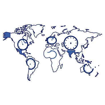 A white world map displays various time zones marked in distinct sections. Each time zone features a clock positioned within its boundaries, indicating the current local time. The clocks are designed with prominent hour and minute hands, clearly showing the time in each respective zone. Additionally, the map includes labels identifying major cities within each time zone, enhancing the clarity of the time difference across regions.
