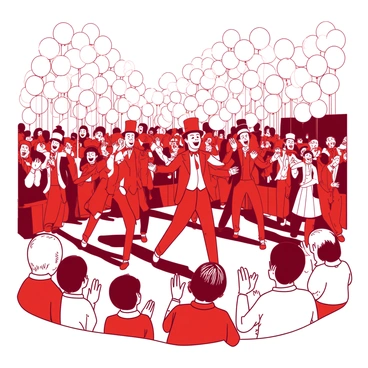 A red parade scene filled with multiple jokers wearing colorful costumes and engaging in lively dances. Each joker has a distinct design, with varying colors and patterns on their outfits, showcasing their playful nature. The crowd is filled with excited onlookers, clapping and cheering as they watch the performance. Surrounding the jokers are clusters of white balloons, some floating in the air, while others are held by children in the audience. The atmosphere is filled with joy and festivity.