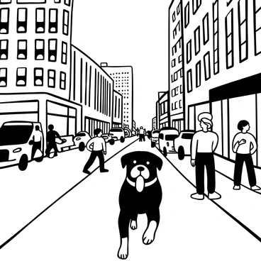 A rottweiler walking confidently along a busy street. The street is lined with tall skyscrapers towering in the background. Many people are walking past, some carrying bags and others talking. Vehicles of various sizes are parked along the curb, and a few are driving by. The scene conveys an urban atmosphere, with the rottweiler in focus as it strides down the sidewalk.