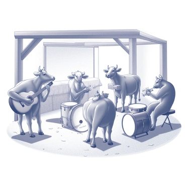 A group of cows gathered inside a barn for a concert. Each cow is playing a different musical instrument. One cow is holding a guitar, strumming it with its hoof. Another cow is sitting at a drum set, hitting the drums with its hooves. A third cow is blowing into a trumpet, creating a joyful sound. The barn has wooden beams and hay scattered on the floor. There are bales of hay stacked against the walls, adding to the scene. The atmosphere is lively with the cows focused and engaged in their performance.