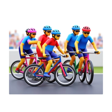 Several cyclists in colorful racing attire have suddenly halted, their bicycles interlocked in a chaotic tangle. Each cyclist displays a distinct helmet design, with some wearing sunglasses, while others have their expressions showing surprise or determination. The bicycles are of various styles, including road bikes and racing bicycles. The ground beneath them is asphalt, and the background suggests a racecourse with blurred spectators in the distance. The scene captures the dynamic moment of unexpected interaction among the cyclists.