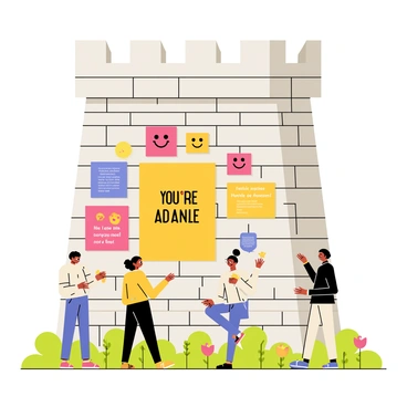 A tall city wall made of gray stone bricks stands prominently in the scene. The wall is covered in an array of bright posters in various colors, each featuring messages about mental health awareness. Some posters have vibrant illustrations of smiling faces, while others display motivational quotes in bold lettering. There's a bright yellow poster with the words "You Are Not Alone" at the center. In the foreground, a few people of different ages and backgrounds pause to read the posters, showcasing a sense of community engagement. Green plants and flowers grow along the base of the wall, adding a touch of nature to the urban setting.