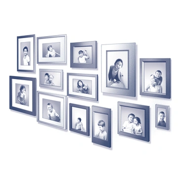 A gallery wall featuring a variety of family photographs. The wall is adorned with an assortment of frames in different shapes and sizes, creating a dynamic arrangement. The frames display images of family members, capturing a range of moments and expressions. Each frame has a distinct design, adding visual interest to the composition. The background of the wall is a smooth surface that complements the frames and photographs.
