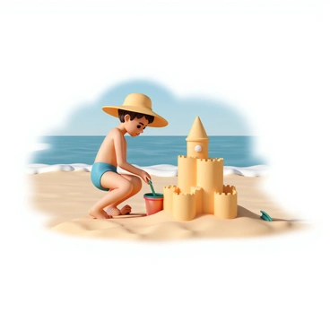 A young girl, wearing a bright blue swimsuit and a wide-brimmed sun hat, is kneeling on the warm, golden sand of the beach. She is focused on building a sandcastle, using a red plastic bucket and a small green shovel. The sandcastle features towers and a moat, with seashells decorating its walls. In the background, gentle waves are crashing onto the shore, creating a white frothy edge where the water meets the sand. The sky is clear and blue, and the sun is shining brightly, casting soft shadows around the girl.