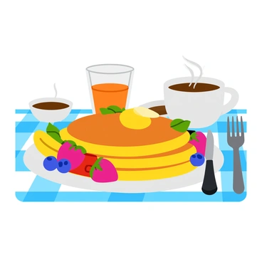 An appetizing illustration of a breakfast table with pancakes and fruit