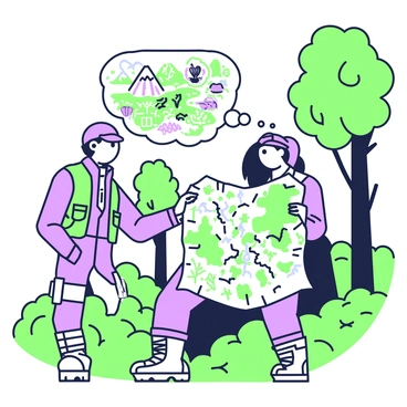 An explorer is standing in a dense forest, holding an old, detailed map in both hands. He is dressed in rugged outdoor clothing, including a jacket with multiple pockets and sturdy boots. His expression shows determination as he studies the map closely. Above his head, there is a thought bubble that contains sketches of uncharted territories, featuring mountains, rivers, and a dense jungle. Various symbols representing unknown landmarks are scattered throughout the thought bubble. In the background, tall trees with thick trunks and lush green foliage surround the explorer, adding to the sense of adventure.