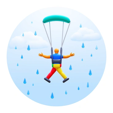 A skydiver in a colorful jumpsuit is descending through a light rain. The droplets of rain are glistening in the air, catching the light as they fall. The sky is overcast, filled with clouds that create a soft, diffused light. The skydiver is in free fall, arms outstretched, with a parachute folded above. The scene captures the movement of the skydiver against the backdrop of the rain, emphasizing the dynamic interaction between the skydiver and the falling droplets.