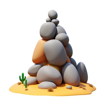 A towering stack of large boulders in a desert landscape