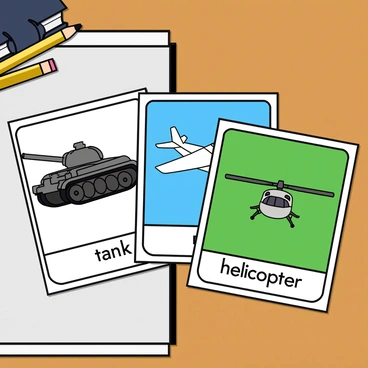 A set of illustrated flashcards, each card featuring a distinct military symbol. The first card displays a bold "tank" symbol in the center, surrounded by a white border and labeled with clear black text at the bottom. The second card shows an "airplane" symbol, also in the center, with a blue background and the label in black text beneath it. The third card features a "helicopter" symbol, set against a vibrant green background with its label placed at the bottom in contrasting black text. Each flashcard is neatly arranged on a wooden classroom desk, with a few school supplies like pencils and a notebook beside them.
