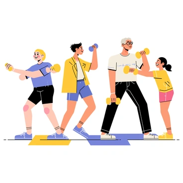 A diverse group of individuals of varying ages and abilities is engaged in performing hammer curls together. The group includes a young woman with blond hair, a middle-aged man with glasses, an elderly person with gray hair, and a teenager in a bright sports outfit. Each person holds a dumbbell with a firm grip, showcasing determination on their faces. They are positioned in a bright, cheerful gym environment with colorful exercise mats around them. The atmosphere is energetic, and the individuals are encouraging one another as they lift their weights in unison.