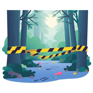 Caution tape with bright yellow and black stripes is wrapped around several trees, marking the boundaries of a crime scene in a dense forest. The forest is filled with tall, dark green pine trees and thick underbrush. Fallen leaves and branches are scattered on the ground, and a thick layer of mist hovers just above the forest floor. In the background, a dim light filters through the canopy, casting soft shadows among the trees. A pair of footprints are visible in the muddy ground near the caution tape, leading away from the scene.