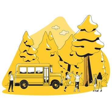A yellow school bus parked beside a dirt road at a forest trailhead. The bus has an open door, allowing students to exit. Groups of students with backpacks exit the bus, chatting excitedly among themselves. Tall trees surround the area, creating a natural backdrop with their dense foliage. Some students point towards the trail that leads into the forest, while others take pictures with their phones. A few students are checking a map or guide, preparing for the excursion ahead.