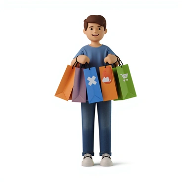 A person with light skin and short brown hair is standing while holding multiple shopping bags. The bags are made of colorful paper and feature various store logos including a large red logo, a blue logo with a star, and a green logo with a shopping cart icon. The person is wearing a casual outfit consisting of a blue t-shirt and denim jeans. They have a joyful expression on their face as they look down at the bags.