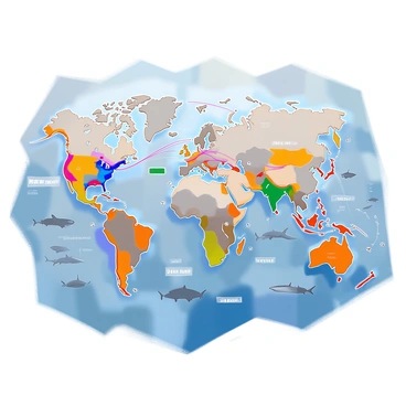 A detailed map highlighting key global shark breeding grounds and migration paths. The map includes various regions marked with symbols indicating breeding sites, such as "Florida Keys," "Great Barrier Reef," and "South Africa's Cape Coast." Arrows illustrate the migration paths connecting these breeding grounds across oceans, showing routes like "the Gulf of Mexico" to "the Caribbean Sea." Different colors represent species diversity, with labels indicating species like "Great White Shark," "Hammerhead Shark," and "Tiger Shark." The background features a subtle oceanic texture to enhance the visual representation of marine environments.
