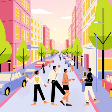 A bustling city street filled with diverse groups of people walking in various directions. There are several cars in motion, some stopping at traffic lights, while others are parked along the sides of the street. The buildings lining the street are tall and feature large windows reflecting the warm colors of a sunset, with shades of orange, pink, and yellow illuminating the scene. Streetlights begin to turn on, casting soft glows on the sidewalks. Trees with green leaves are scattered along the street, adding a touch of nature to the urban landscape.