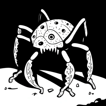 A fearsome creature with multiple eyes positioned randomly across its body, each eye gleaming in the darkness. The creature has long, insect-like appendages protruding from its sides, some curled and others elongated. Its body is covered in textured, chitinous armor, creating a rugged appearance. Shadows envelop the creature as it lurks in a dimly lit environment, with a sense of ominous presence. The ground around it is littered with small, scattered debris, enhancing the eerie atmosphere.
