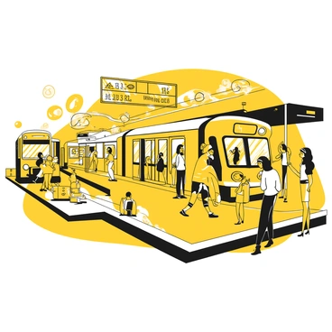 A bustling transportation hub filled with activity. A large train is stationed on a platform, with doors open and passengers boarding and disembarking. Nearby, a bus is parked, and people are exchanging between the bus and the train. There are signs indicating destinations hanging above, and a digital display shows arrival and departure times. Groups of people are standing on the platform, some with luggage, while others are checking their phones. The atmosphere is lively as commuters hurry to their respective vehicles.