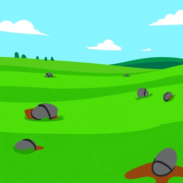 A serene view of an ancient battlefield with scattered pieces of armor in the grass