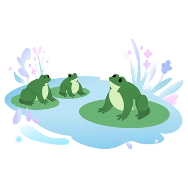 A group of green frogs with smooth skin is resting on large, round lily pads that float on the surface of a tranquil pond. The lily pads are a vibrant green color, large enough to support the frogs comfortably. The water in the pond reflects soft pastel hues, creating a serene atmosphere. Surrounding the pond are delicate reeds and small flowers, adding to the peaceful setting. A gentle ripple can be seen on the water's surface, suggesting a light breeze.