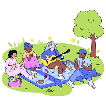 A woman is sitting on a picnic blanket in a sunlit park, playing an acoustic guitar. She has long, flowing hair and is smiling as she strums the instrument. Surrounding her are friends sitting on the blanket, some with plates of food and drinks, enjoying the moment. Nearby, there is a picnic basket filled with fruits and snacks. The park is filled with green grass and a few trees casting dappled sunlight.