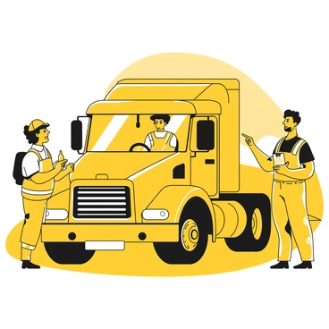 A truck driver is sitting in the driver's seat of a large truck, looking attentively at the instructor. The instructor stands beside the truck, pointing at a smartphone held in his hand, which displays a tracking app interface. The truck is parked on a wide road, and the background features a distant view of open fields. The instructor is wearing a yellow safety vest, while the truck driver wears a cap and a work shirt. The scene captures the focused expressions of both individuals, highlighting the learning moment.