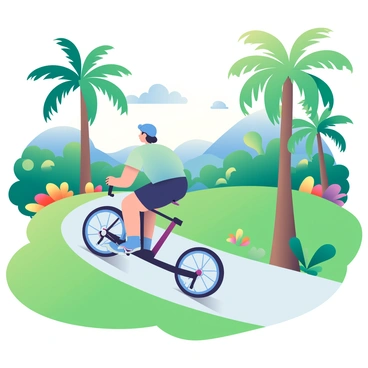 A cyclist is riding a recumbent bike along a winding path in a lush, tropical landscape. The cyclist has dark hair and is wearing a bright blue helmet and a light green cycling jersey. Surrounding the path are tall palm trees with wide, green fronds swaying gently in the breeze. The ground is covered in vibrant green grass, interspersed with colorful flowering plants in shades of red, yellow, and purple. In the distance, there are rolling hills that are partially obscured by dense foliage, creating a vibrant and lively atmosphere. The sky above is clear with a few fluffy white clouds drifting lazily.
