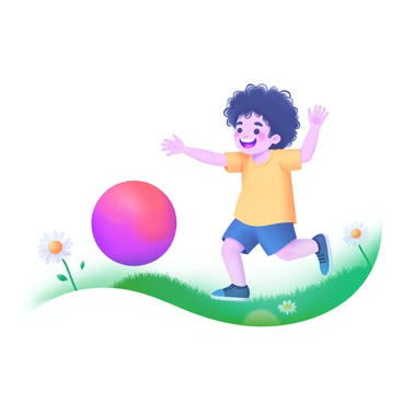 A child with curly hair is playing with a bright red rubber ball in a park. The child is wearing a yellow T-shirt and blue shorts. The ball is in mid-bounce, just about to hit the rough, grassy ground. Surrounding the child are patches of green grass and a few daisies scattered around. The sunlight casts soft shadows, accentuating the child's joyful expression as they prepare to chase after the ball. The scene captures the moment before the ball stops, highlighting the contrast between the smooth surface of the ball and the rough texture of the ground.