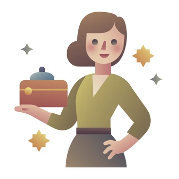 A woman in vintage clothing holding a classic product with a confident smile, surrounded by decorative elements that evoke nostalgia.