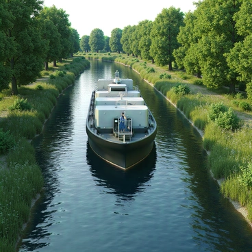 A large fuel barge with a sleek, metal hull is navigating a winding river. The barge has multiple storage tanks visible on its deck, and a crew member is standing at the helm, focused on steering. The river is gently flowing, reflecting the sunlight. On either side of the river, there is lush greenery with tall trees and dense bushes. The vibrant green foliage creates a rich backdrop, adding to the natural beauty of the scene. Small wildflowers can be seen peeking through the underbrush along the riverbank.