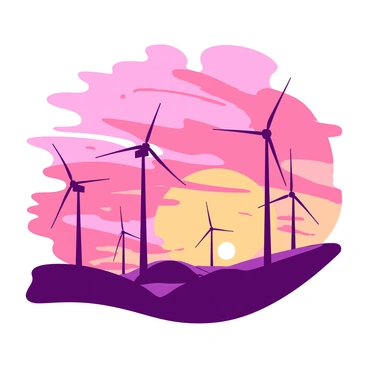 A wind farm with several tall turbines stands silhouetted against a vibrant sunset. The sky is filled with swirling hues of orange and pink, blending together as the sun dips below the horizon. The blades of the turbines catch the last light of the day, creating a striking contrast against the colorful backdrop. In the foreground, gentle hills roll away from the farm, enhancing the scene's depth and beauty.