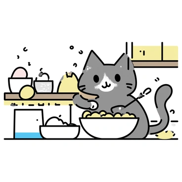 A fluffy gray cat with a dusting of flour on its nose is perched on a wooden kitchen counter. The cat's eyes are wide with curiosity as it uses its paw to mix a bowl of batter. Surrounding the cat, there are various baking ingredients, including a bag of flour, a bowl of sugar, and a container of eggs. There is a whisk lying next to the bowl, and a few scattered chocolate chips are visible on the countertop. The warm kitchen ambiance is enhanced by natural light coming through a nearby window.