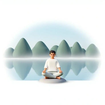 A figure sitting cross-legged on a smooth rock by a calm lake. The person is wearing a loose white shirt and light gray pants, with their hands resting on their knees. Their eyes are closed, and a look of focus is evident on their face. Surrounding the lake, lush green trees are partially obscured by a soft mist rising from the water's surface, creating gentle reflections of the trees and the figure. The scene captures a tranquil atmosphere with a clear blue sky overhead.