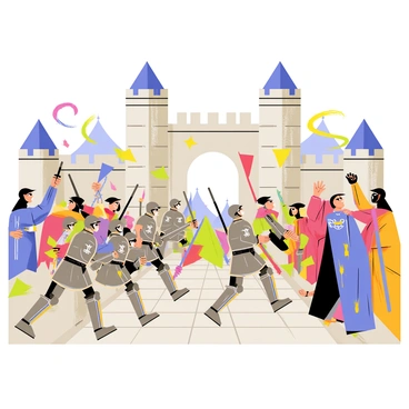 A grand battle is taking place at a castle gate, featuring a group of knights in shining armor charging forward. The knights have detailed helmets and wield swords, while some carry shields adorned with crests. Opposing them are wizards wearing flowing robes of various colors, casting spells with their staffs raised high. Colorful magical energy is swirling around them, illuminating the scene. In the background, the castle gate stands tall and imposing, with stone walls and towers that stretch high into the sky. The ground is littered with banners and the air is filled with tension, as the knights and wizards prepare to clash.