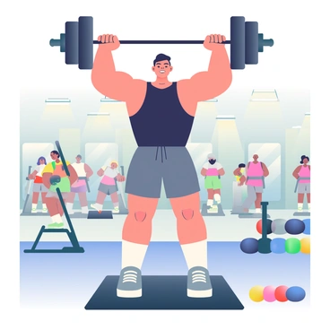 A person with a muscular build and short black hair is lifting heavy barbells in a modern gym environment. They are wearing a sleeveless black tank top and gray athletic shorts. The gym features bright overhead lights, rows of exercise equipment, and large mirrors on the walls. In the background, other individuals are engaged in various workouts, including running on treadmills and using weight machines. The floor is made of dark rubber mats, and there are colorful dumbbells lined up on a rack nearby. The person's face shows intense focus as they lift the barbell over their head.