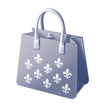 A designer handbag with a structured silhouette and a top handle. The surface is adorned with an elegant pattern of embroidered "fleur-de-lis" motifs, repeating in a balanced arrangement across the fabric. The bag features a metal clasp at the top, and the sides have subtle stitching that accentuates its shape. The interior of the bag is visible, revealing a patterned lining with pockets for organization.