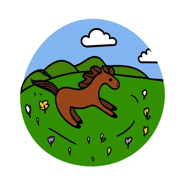 An aerial view of a small pony with a shiny chestnut coat running in circles on a vibrant green field. The pony has a flowing mane that catches the wind as it moves. The field is dotted with colorful wildflowers in shades of yellow, purple, and white. In the background, a few gentle hills are visible under a clear blue sky with a few fluffy white clouds. The sunlight casts soft shadows, enhancing the vivid colors of the scene.
